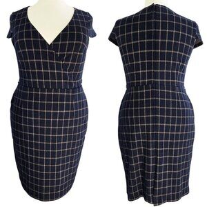 Modcloth Navy Blue Windowpane Plaid Cap Sleeve Surplice Neck Sheath Dress Rare
